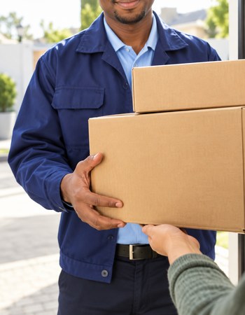 A delivery courier in a blue uniform handing a plain unlabelled cardboard box of solar equipment to a customer outdoors