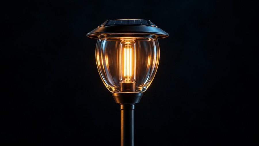 A glowing solar-powered LED lamp bulb in a glass shade against a dark background, with a hint of a small solar panel