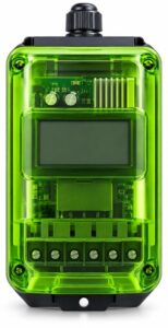 A green-accented generic MPPT solar charge controller shown front-on in a slim studio frame