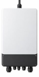 A narrow front view of a generic hybrid solar inverter with battery cable ports