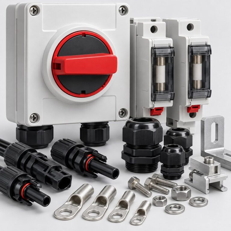 assorted solar installation accessories including isolator switch, fuse holders, MC4 connectors and cable glands