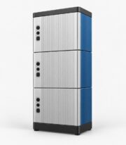 blue-accent modular 15kWh battery tower shown from an alternate studio angle