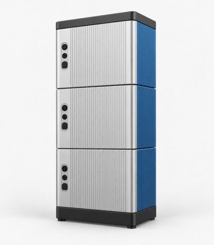 blue-accent modular 15kWh battery tower shown from an alternate studio angle