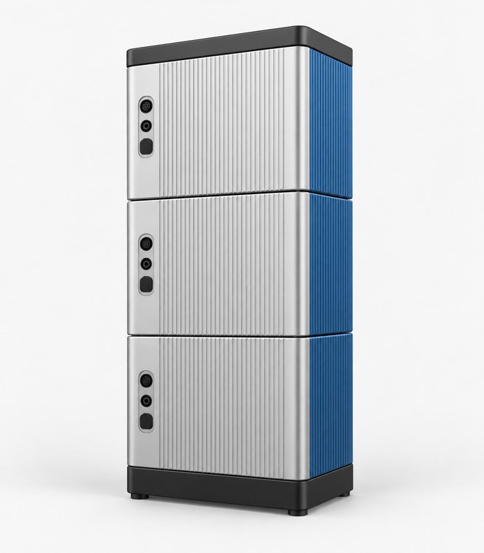 blue-accent modular 15kWh battery tower shown from an alternate studio angle