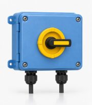 blue rooftop DC isolator box in large size shown as a clean studio product photo