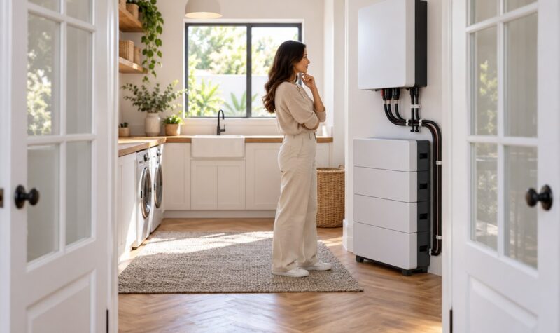 Bright modern South African living room with a wall-mounted hybrid inverter and neat lithium battery rack, a person in a