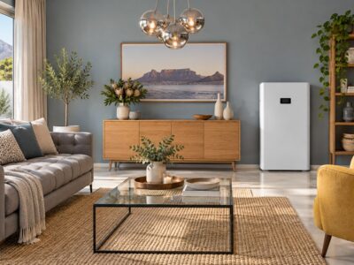 Bright South African living room with a wall-mounted unbranded home battery and inverter, a lit pendant lamp and sofa, s