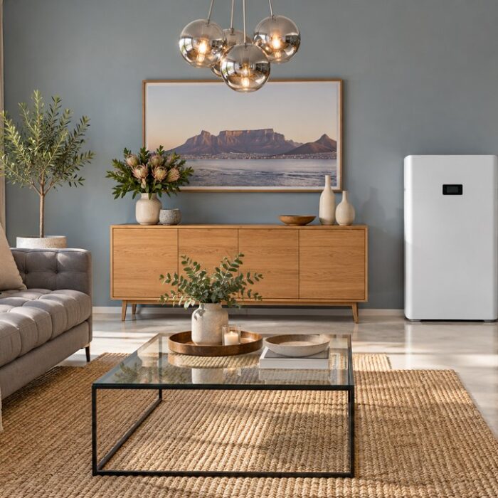 Bright South African living room with a wall-mounted unbranded home battery and inverter, a lit pendant lamp and sofa, s