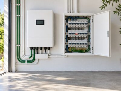 Clean home electrical distribution board with circuit breakers and a tripped breaker beside a hybrid inverter in a brigh