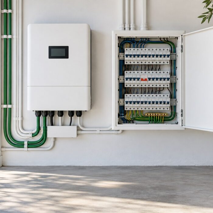 Clean home electrical distribution board with circuit breakers and a tripped breaker beside a hybrid inverter in a brigh
