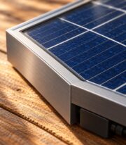 Close-up macro of a solar panel corner showing the black aluminium frame, glass and cell grid, resting on a timber surfa