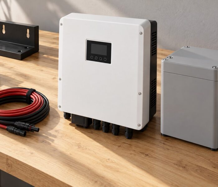 Close-up of a compact unbranded hybrid solar inverter and a battery module sitting on a clean workbench, evoking what ba