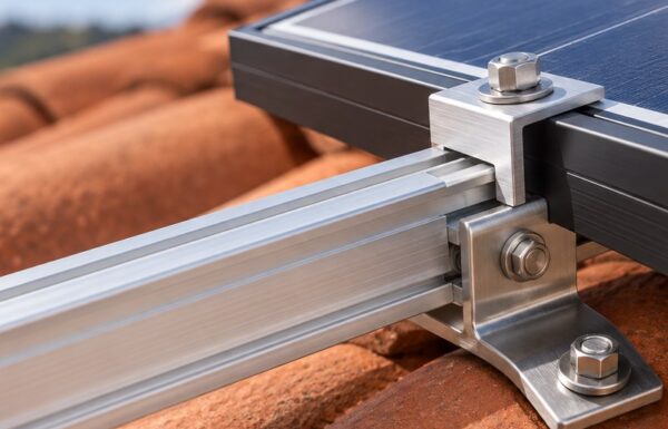 close-up of a finished solar panel mounting rail and roof clamp on a South African tiled roof