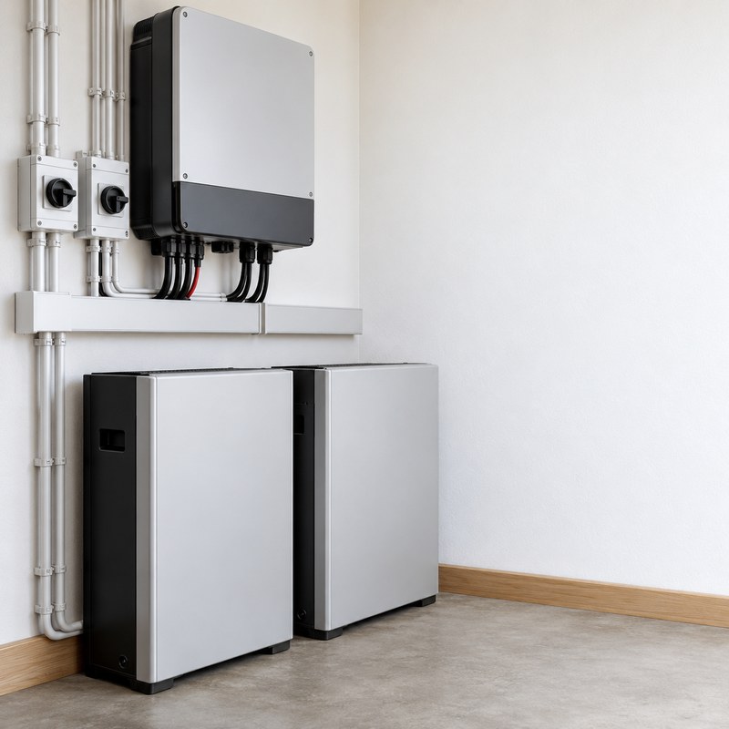 close-up of a properly installed inverter and battery backup system in a home utility area