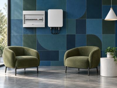 Contemporary room with a blue and dark green wall, a circuit breaker distribution board and a small inverter mounted on