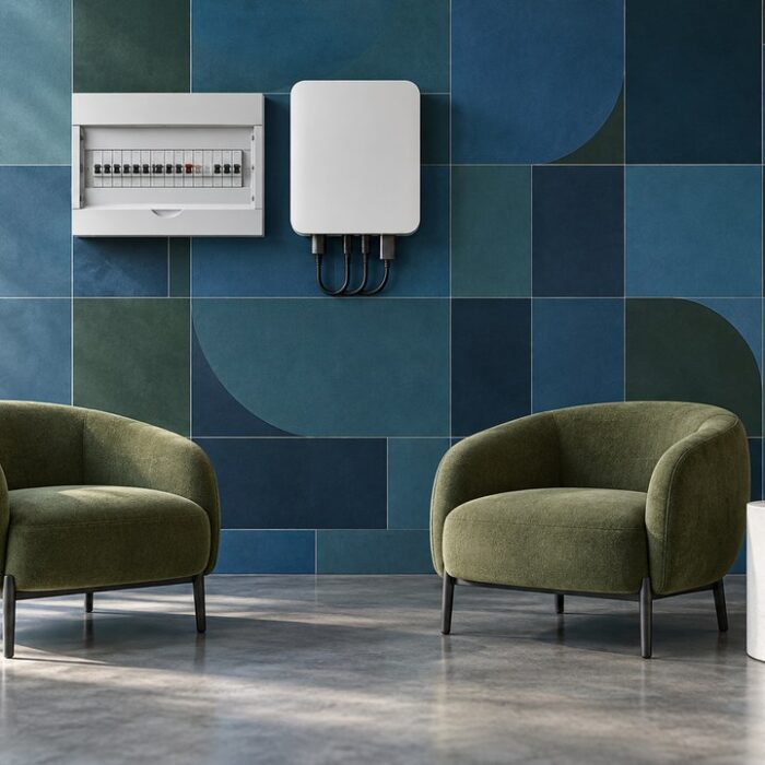 Contemporary room with a blue and dark green wall, a circuit breaker distribution board and a small inverter mounted on