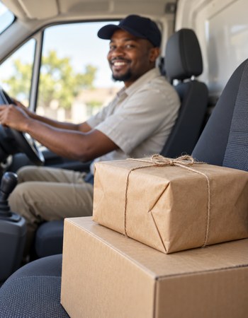 Delivery driver in a plain white van cab with a wrapped brown parcel on the dashboard-level seat, focus on the parcel