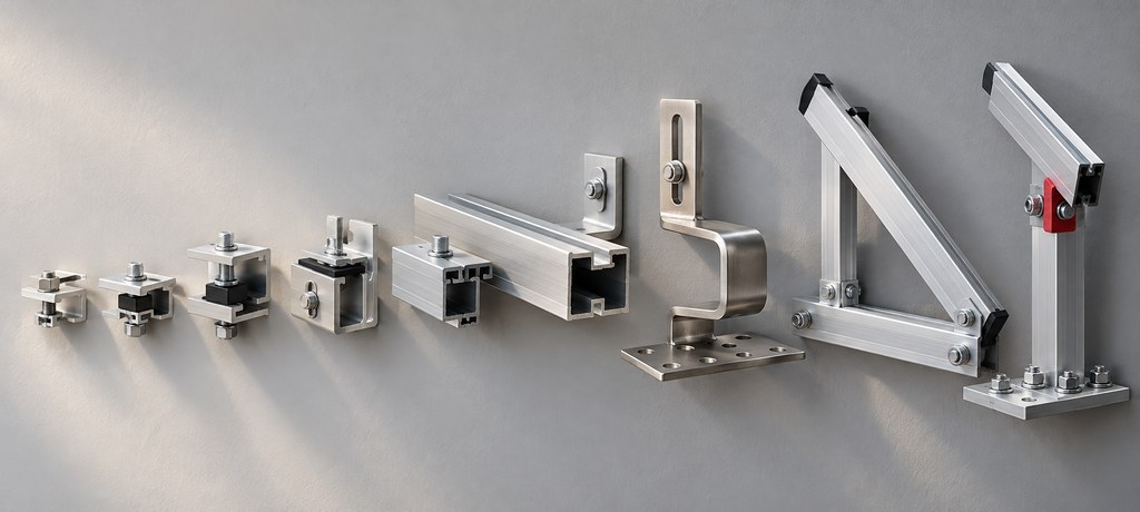 different roof mounting brackets and rails fixed to a wall display for solar panel roof support