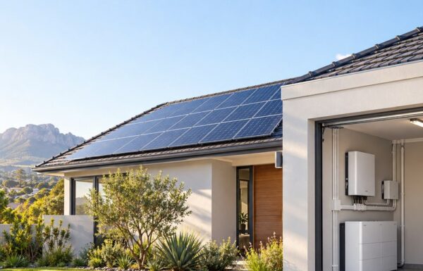 finished South African home solar installation with panels, inverter and backup battery system