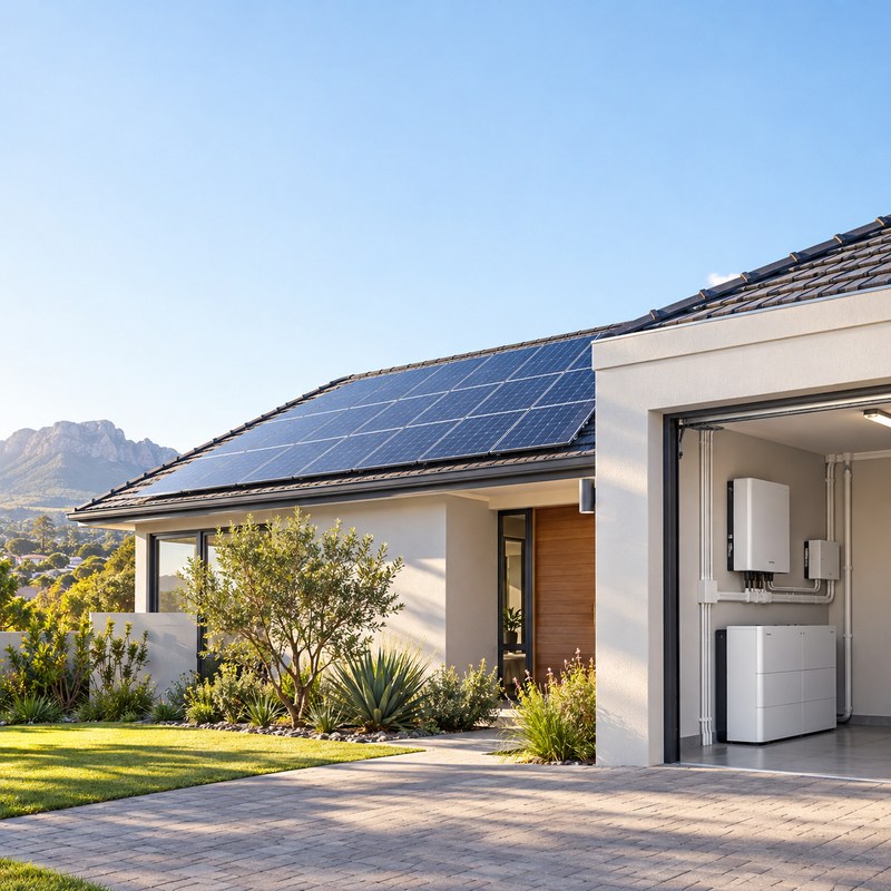 finished South African home solar installation with panels, inverter and backup battery system