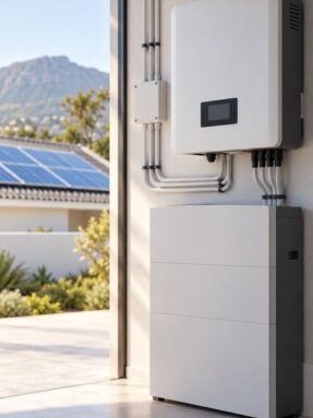 finished South African solar and battery backup installation with inverter and battery beside a clean wall