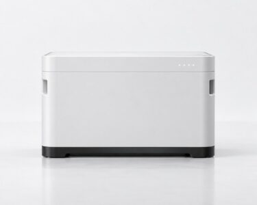front-on studio product view of a single stackable 5kWh home battery module on a clean white background
