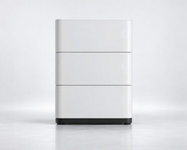 front-on studio view of a stacked 5kWh home battery system with multiple modular battery layers