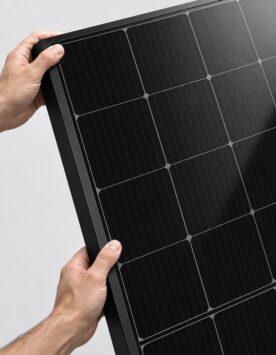 Full Black Solar Panel 410W shown at a close three-quarter angle with hands holding the panel edge