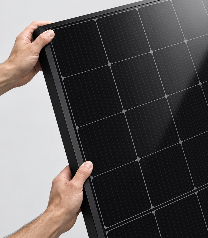 Full Black Solar Panel 410W shown at a close three-quarter angle with hands holding the panel edge