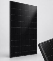 Full Black Solar Panel 410W standing upright with a small side detail of the frame