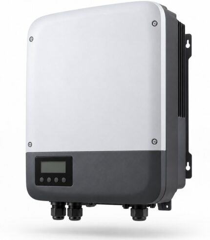Grid tie solar inverter 5kW, front three-quarter view, on a white studio background