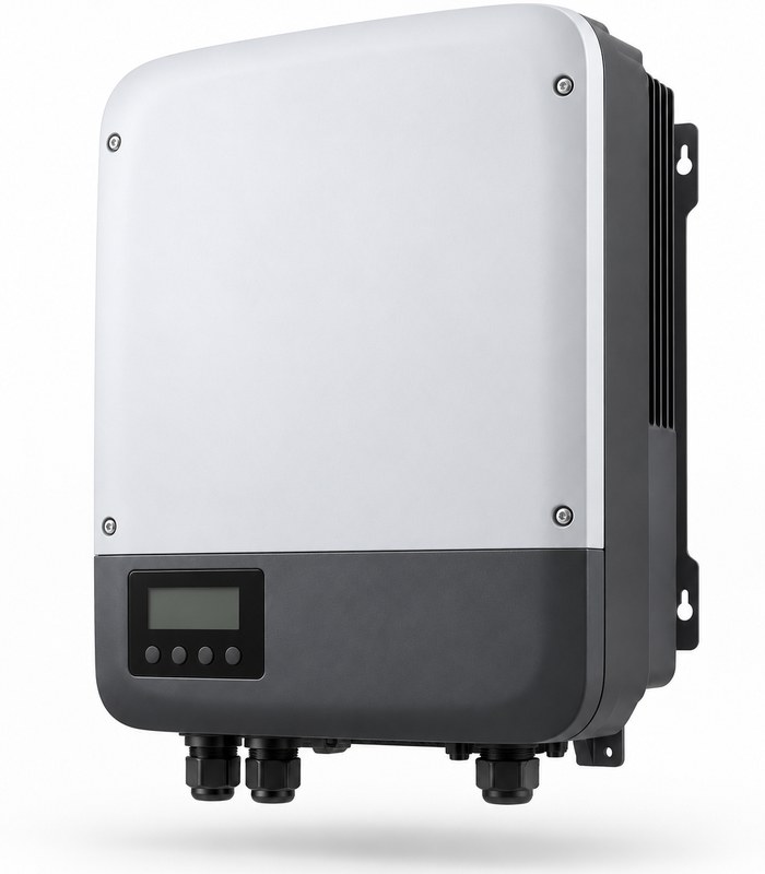 Grid tie solar inverter 5kW, front three-quarter view, on a white studio background