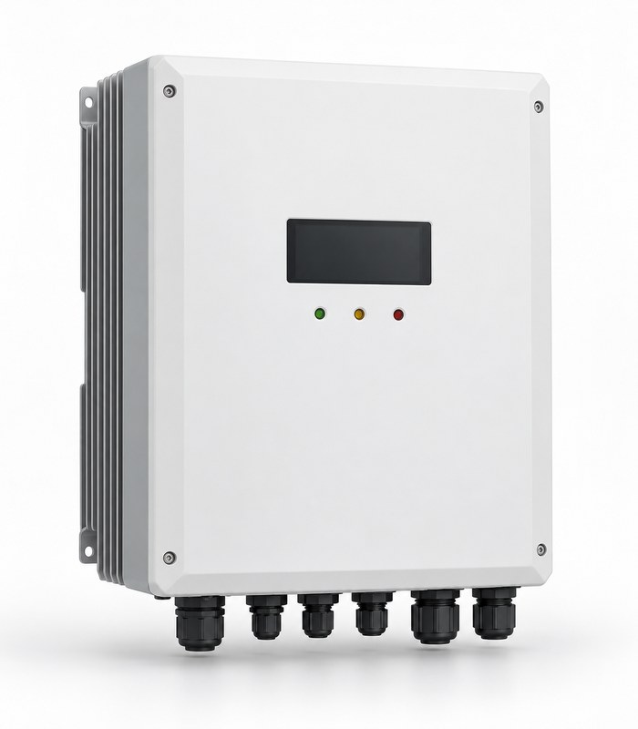 Grid tie solar inverter 5kW, generic wall-mounted white unit, front view on a white studio background