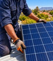 Installer's hands holding a solar panel on a sunny South African rooftop, with a person in work clothes partly visible