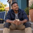 Natural portrait of a South African solar technician holding a takeaway coffee outside a home