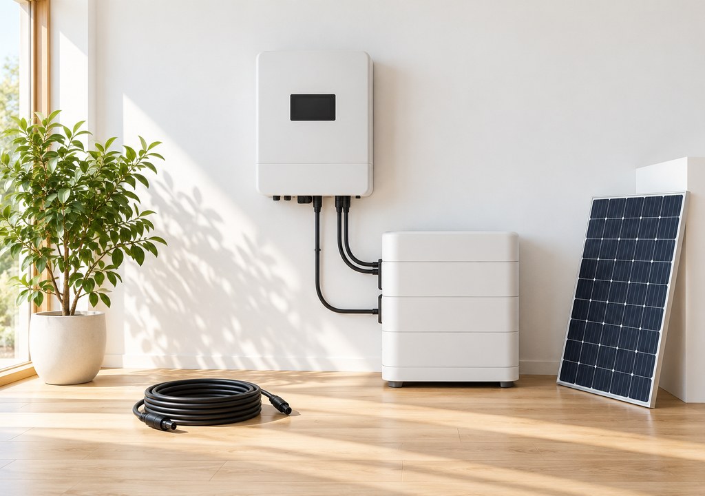 Neat arrangement of a wall-mounted inverter, battery and rooftop solar panel in a bright minimal setting, illustrating i