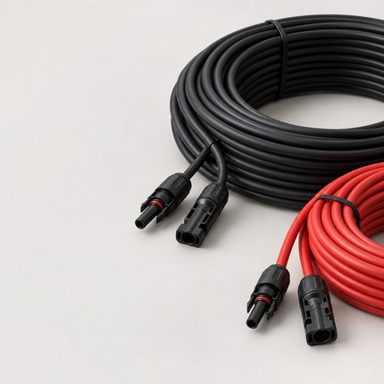 neatly coiled black and red solar DC cables with connector ends for the Cables category
