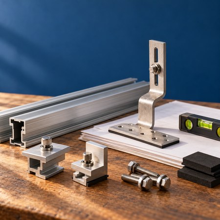 roof mounting rails, clamps and fasteners arranged for a solar panel installation