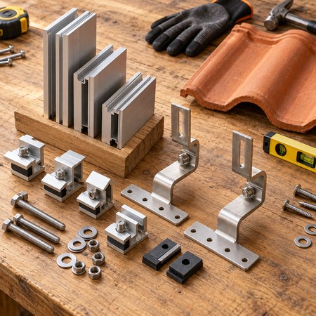 roof solar mounting components arranged on a wooden surface with tiles and tools