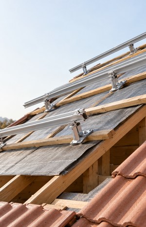 Roof structural inspection showing rafters and mounting rails prepared for solar panels on a South African house