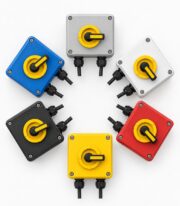 rooftop DC isolator box gallery view showing multiple colour variants arranged in a circle