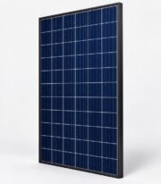Single black-framed polycrystalline solar panel 400W, angled three-quarter studio view on a white background