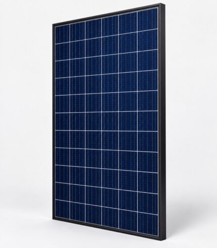Single black-framed polycrystalline solar panel 400W, angled three-quarter studio view on a white background