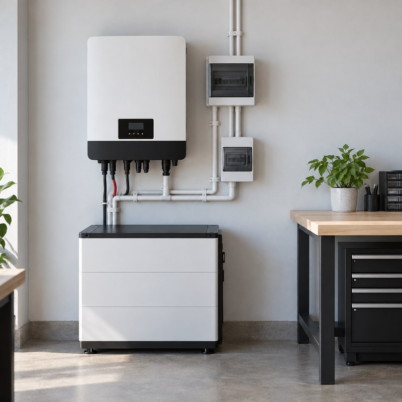small business solar backup installation with battery cabinet and inverter beside office workspace