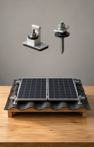 small solar panel layout mock-up on a table beneath a roof sample