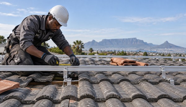 solar installer inspecting roof mounting rails and tile roof condition before panel installation
