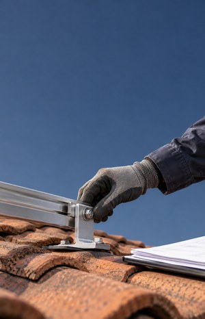 Solar installer inspecting roof tiles and a mounting foot before panel installation