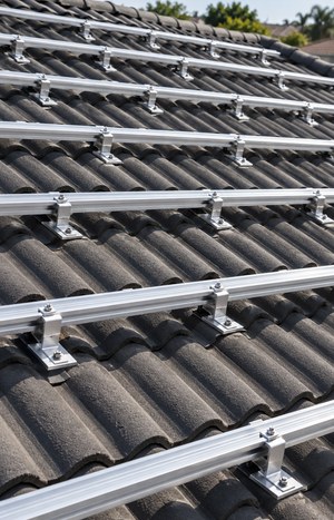 solar mounting rails aligned across a tiled roof before panel installation