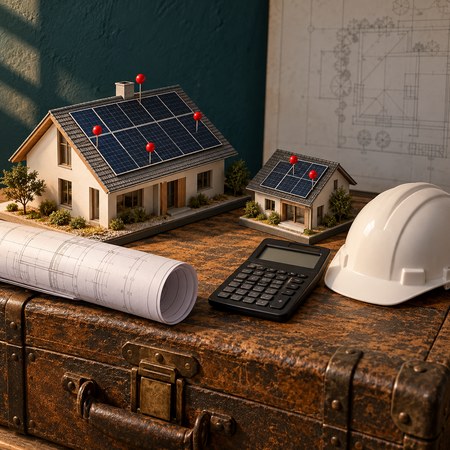 solar roof load planning desk with model roof, panel mockups and structural plans