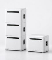 stackable 5kWh home battery module in light finish with matching side battery unit